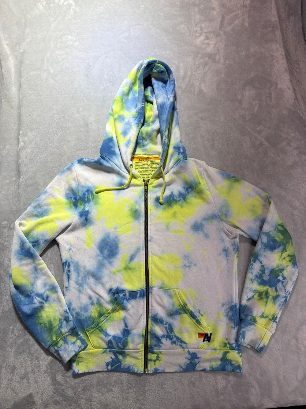 Aviator Nation Neon Yellow Blue Tie Dye Full Zip Hoodie Sweatshirt Medium